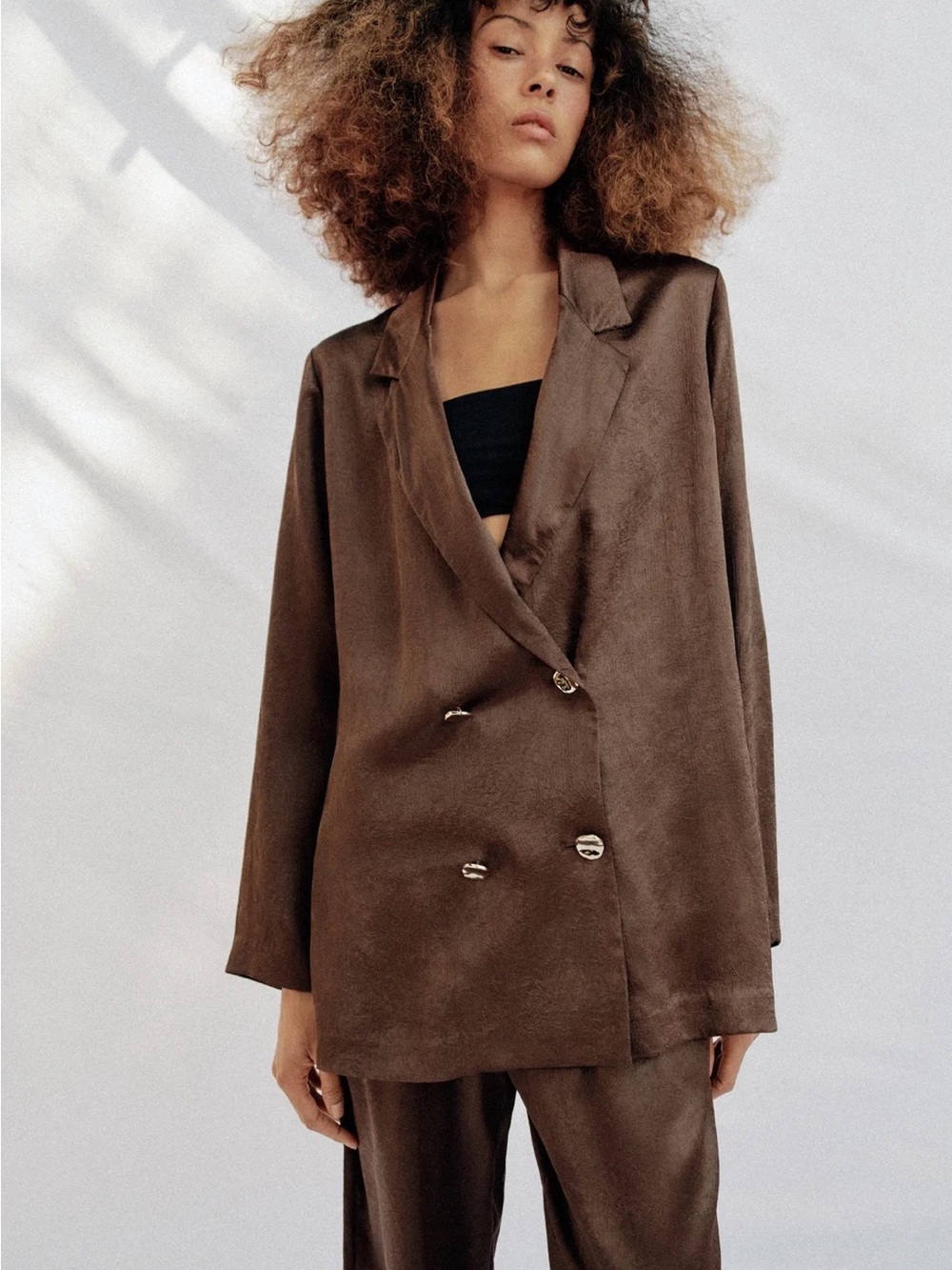 Zara Brown Double-Breasted Velvet Blazer
